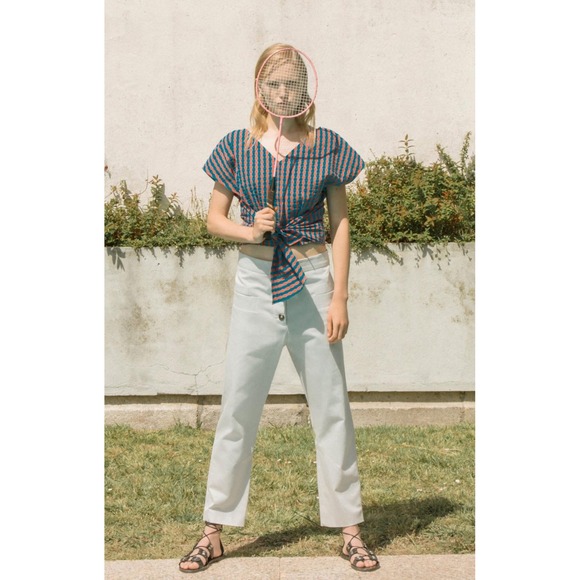 BIMBAY LOLA Tie-Front Top V-Neck Short Sleeve Checkered‎ Blouse Size L - Picture 1 of 8